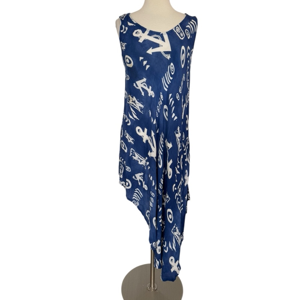 Jessica Taylor Dress Women OS Blue White  Print Rayon Sleeveless Boho Retro Midi